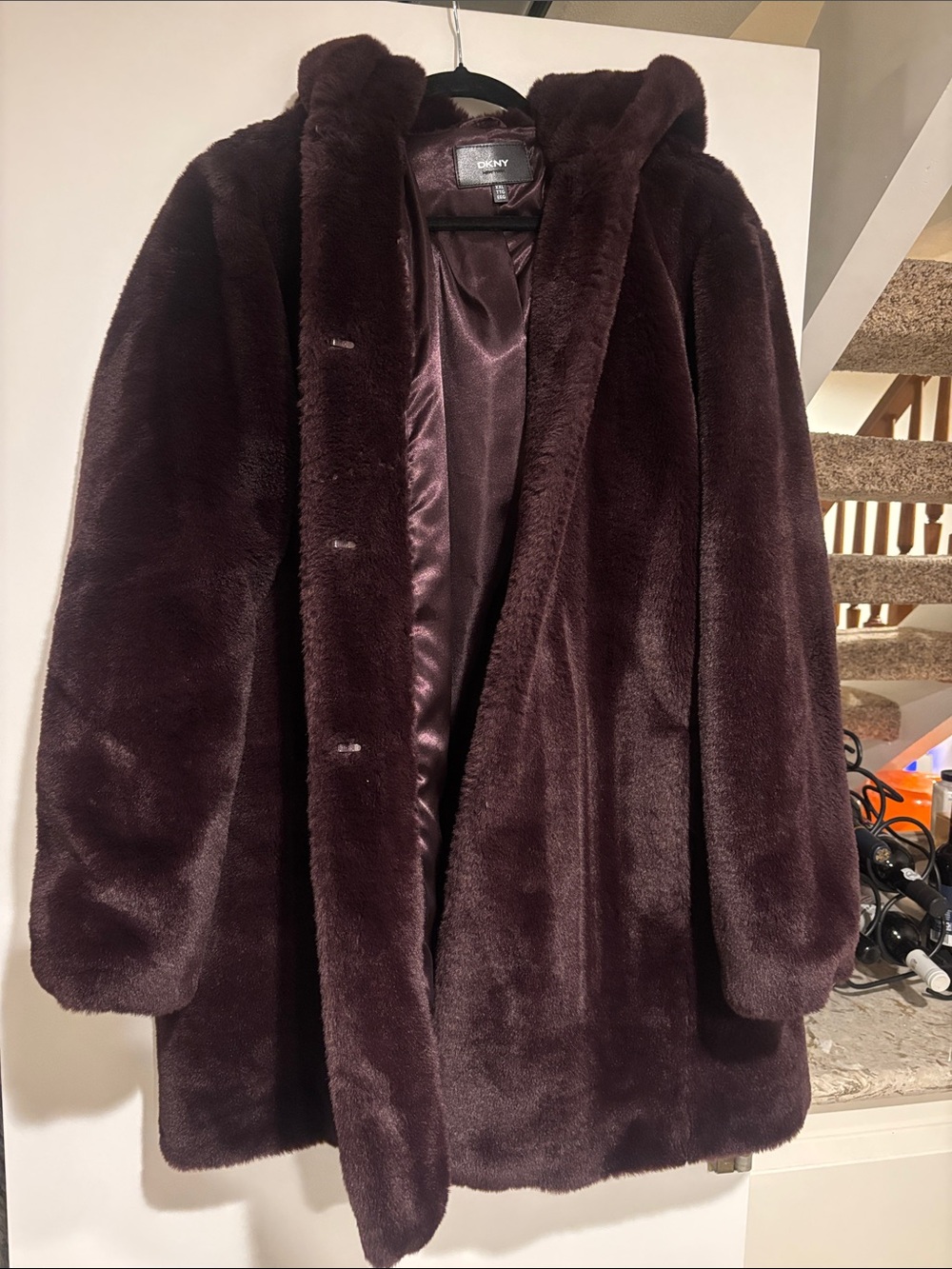 DKNY Plush Hooded Faux Fur Coat in Deep Plum
